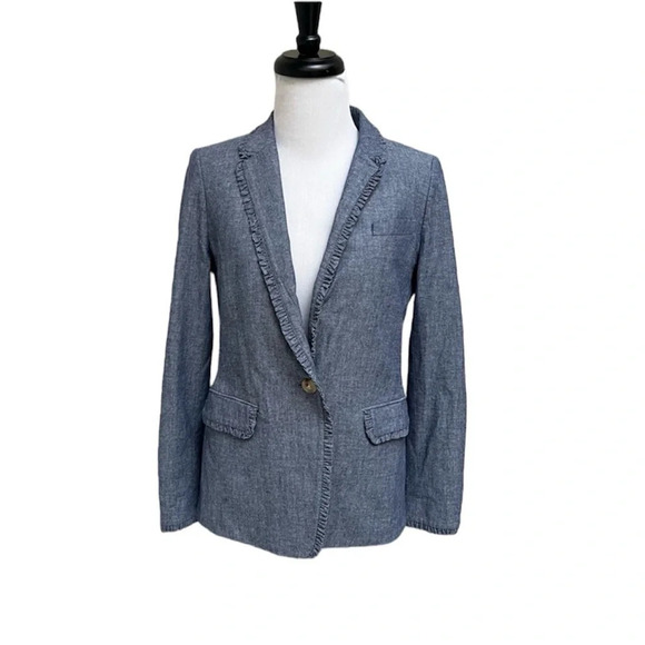 NWOT J. Crew Regent Blazer Blue Chambray Ruffled Trim Classic Preppy Women’s 4 - Picture 2 of 14